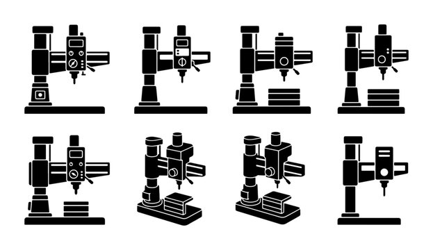 Black industrial measuring machine icons, CMM, coordinate measuring