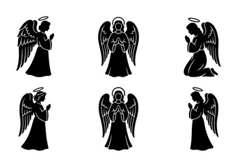 Fototapeta premium Black angel silhouettes, praying and with wings, graphic religious