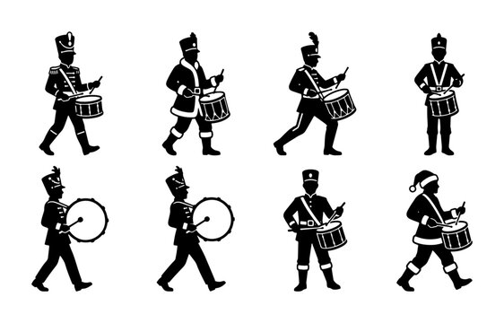 Black marching band figures with drums, festive silhouettes for
