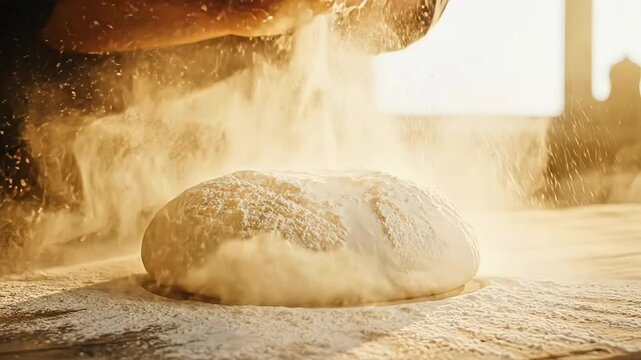High-Speed Action Shot of a Baker Hands Clapping to Dust Fine White Flour Over Fresh Bread Dough on a Wooden Board
