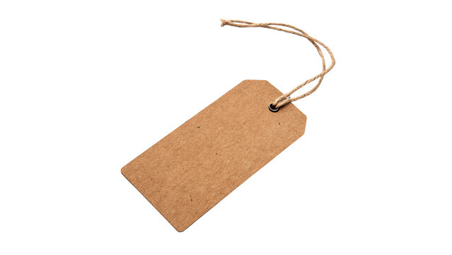 Blank brown cardboard gift tag with string isolated on transparent background.