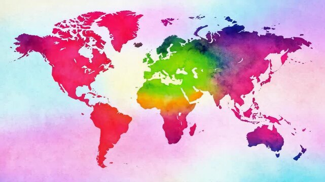 Artistic Watercolor World Map with Vibrant Multicolored Textures