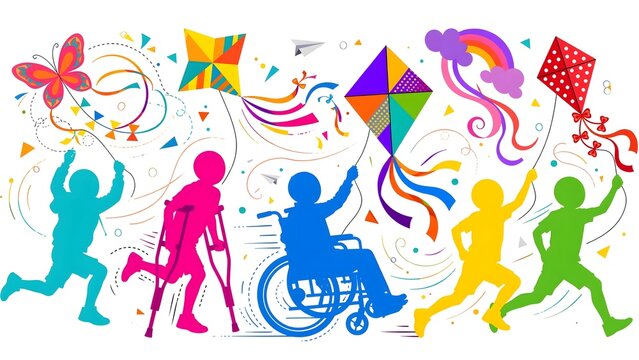 Diverse group of children with disabilities running and flying colorful kites. Vector silhouette illustration of inclusion, hope, freedom, special needs, and childhood fun.