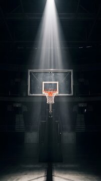 Dramatic spotlight on basketball hoop in dark indoor court