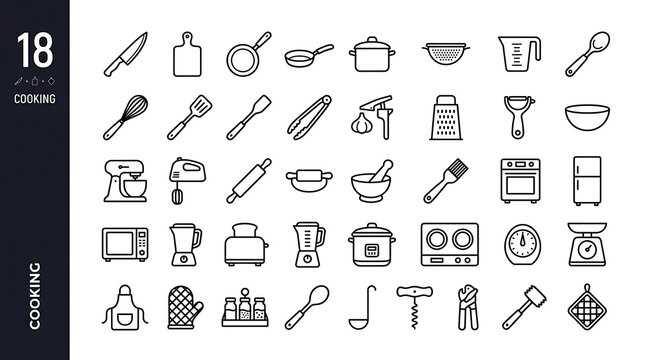 Collection of 40 minimalist cooking and kitchen tools icons set