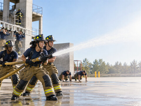 Firefighter academy recruits work together on a demanding hose drill outdoors while wearing protective gear and helmets during physical training designed to build strength coordination and teamwork