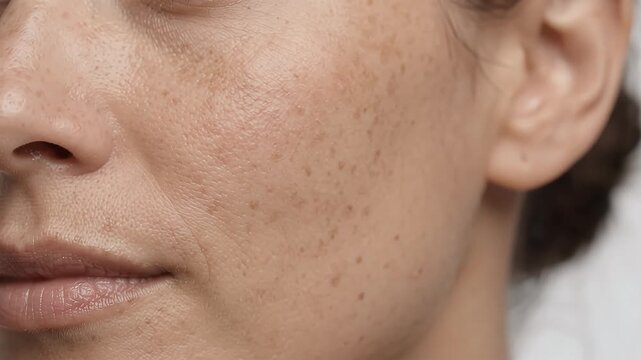 A close up of a woman's face with freckles and melasma, showcasing natural skin conditions and beauty