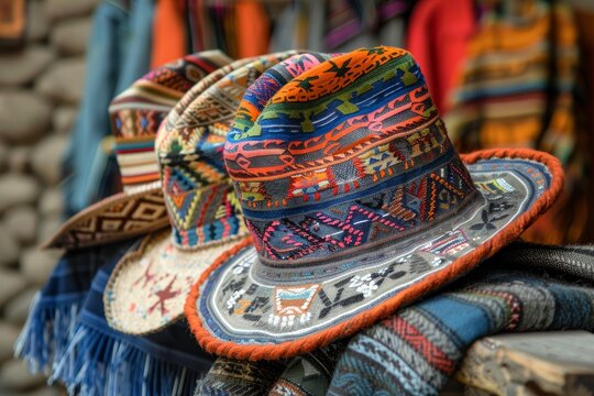 Traditional andean hats with vibrant colors and intricate patterns are displayed on a market stall, showcasing the rich textile heritage of the region