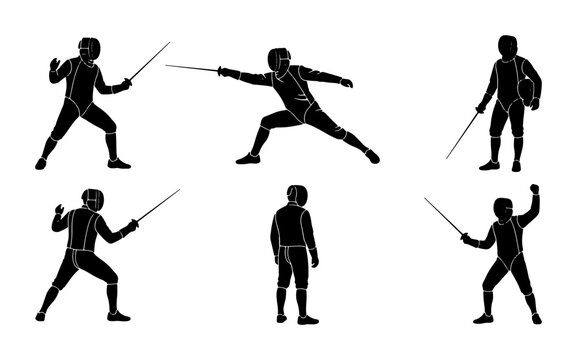 Six Fencers in Silhouette Posing Against White Background