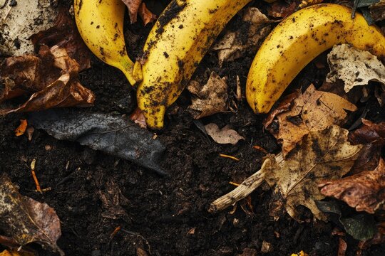 Banana peel organic waste decaying fruit compost pile rotting banana soil leaf litter food waste