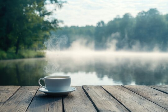 Coffee cup steam wooden table lake mist nature morning outdoors calm landscape