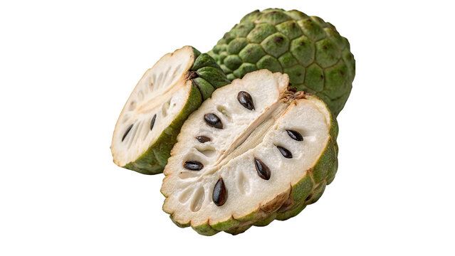 Whole and cut fresh green cherimoya fruit isolated on transparent background.