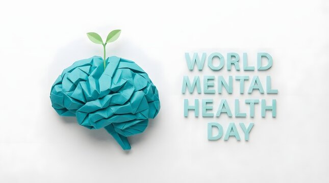 A conceptual studio shot representing world mental health day with a human brain model featuring a small green sprout growing from the top white background