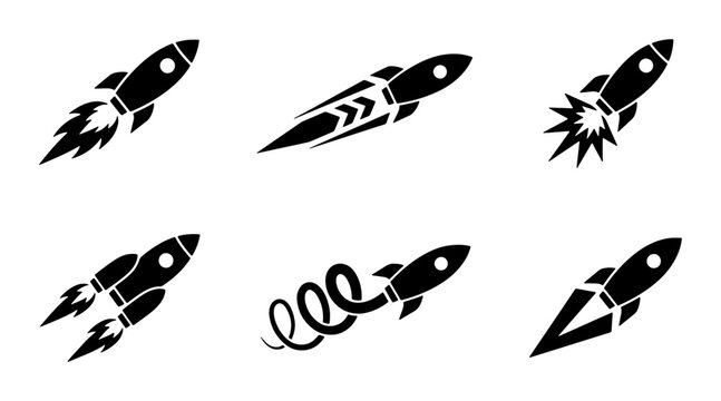 Set of six black rocket silhouettes in various motion styles