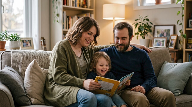 Happy transgender family home scene with loving parents and child reading book on sofa. Cozy transgender family home environment fostering warmth and connection during story time.