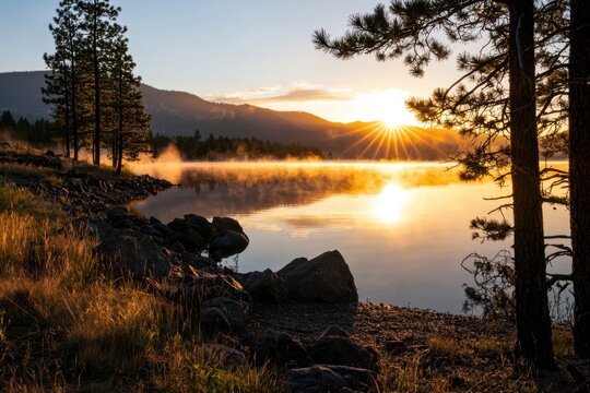 Morning sunrise over calm lake with pine tree, mountain, mist, and golden reflection in tranquil nature landscape