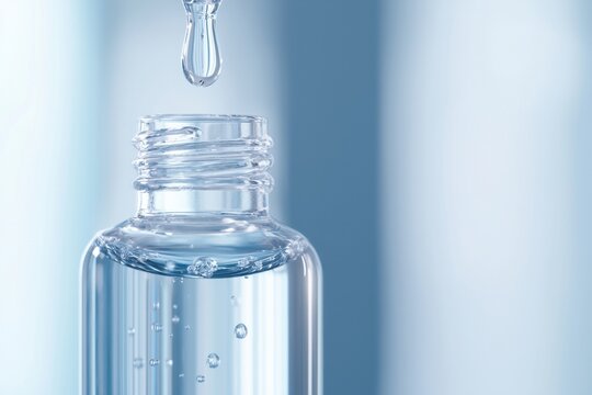 Glass bottle drop pipette liquid serum skin care cosmetic transparent clear blue vial beauty hygiene treatment moisture hydration purity health clean product laboratory medicine extract essence