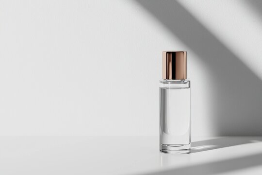 Serum bottle with metallic cap and glass body on white background, minimalist cosmetic container with clean shadow