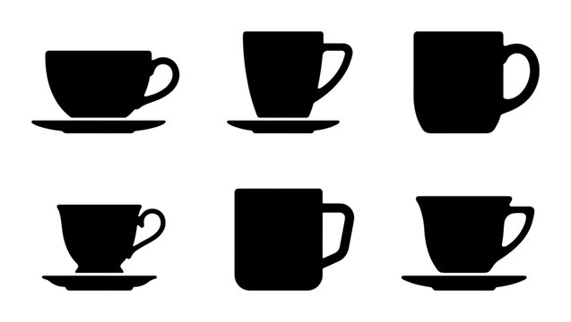 Collection of six black coffee cups and saucers silhouettes