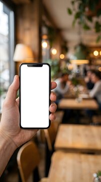 Hand holding smartphone with blank screen in cozy cafe setting