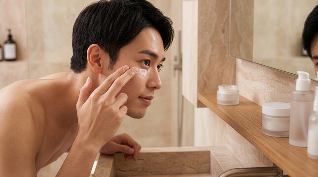 Focused Japanese Man Applying Eye Cream in Upscale Bathroom 