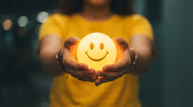 A person wearing a yellow shirt holds a glowing smiley face ball in their hands to promote awareness and support during world mental health day
