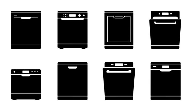 Collection of six dishwasher silhouettes on a white background