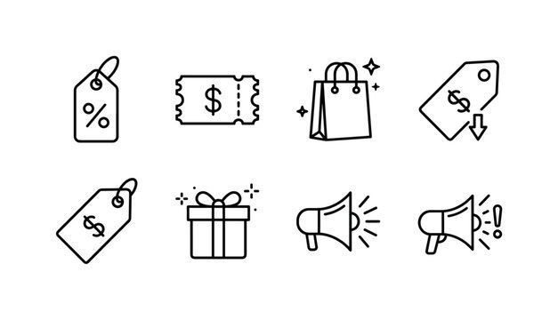 Thirty Percent Sale, line icon set featuring discount tag shape without numerals, coupon, shopping bag, price ticket, gift box, megaphone, covering thirty percent sale concept without readable