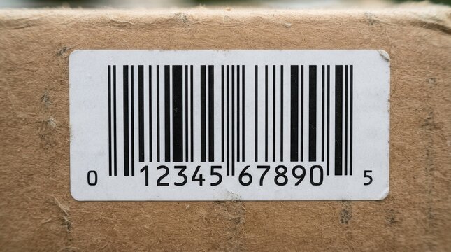 Close up of a barcode sticker with numbers on a cardboard surface.