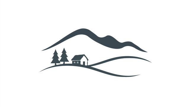 Minimalist Mountain Cabin Line Art Logo Graphic with Pine Trees