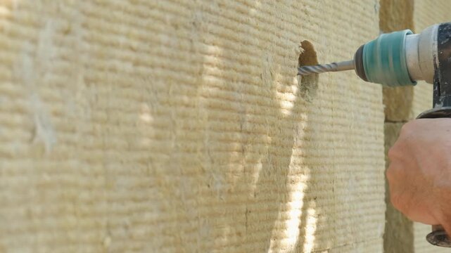 close-up of power drill bit cutting through beige insulation panel as right hand starts round opening outside