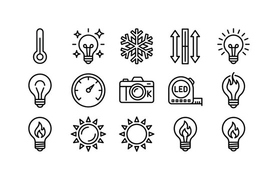 Kelvin Temperature Education Series, line icon set featuring thermometer, cool bulb, warm bulb, temperature scale bars, snowflake, sun, color-temperature lamp symbols, laboratory gauge, covering