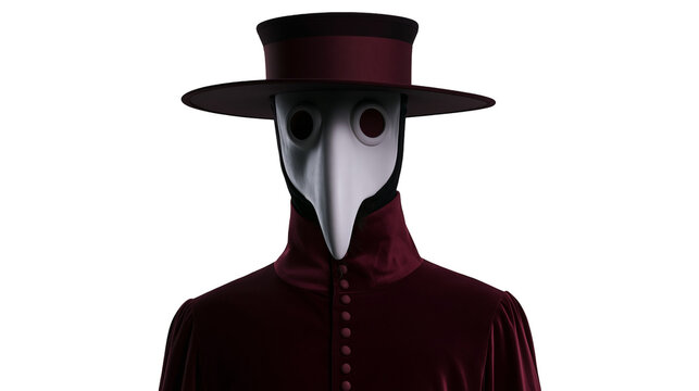 Plague doctor in burgundy velvet coat and hat wearing a white mask, isolated on transparent background