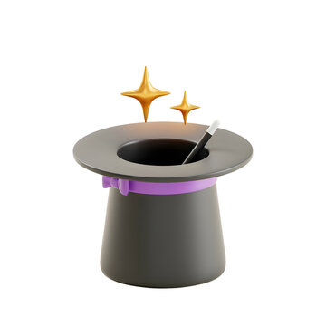 Magic hat and wand 3D icon. Black top hat with purple ribbon and glowing golden stars