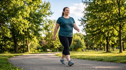 Obraz premium Woman walking on paved path in green park during sunny day highlighting outdoor cardio exercise and healthy lifestyle routine