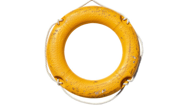 Yellow life preserver ring with rope, isolated on transparent background