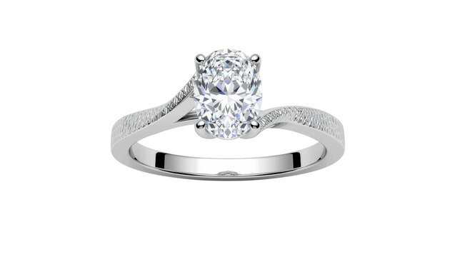 Oval cut diamond engagement ring with textured band, isolated on transparent background