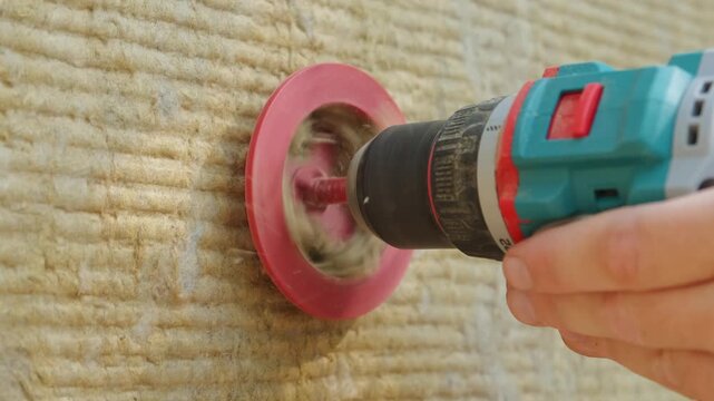 operator holds cordless drill sanding pad spins on ribbed beige fibrous surface, dust and abrasive contact