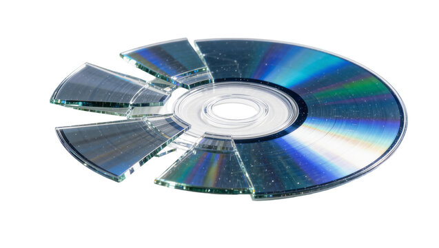 Shattered CD disc with rainbow iridescent surface, isolated on transparent background