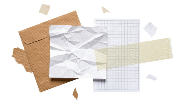 Brown kraft envelope with crumpled paper and grid notebook, isolated on transparent background