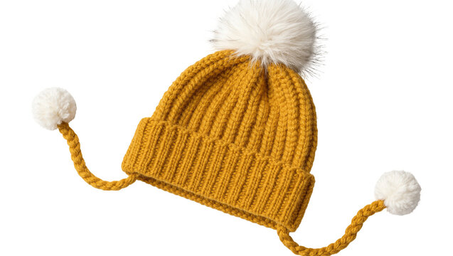 Mustard yellow knitted beanie with white pompom and ear flaps, isolated on transparent background