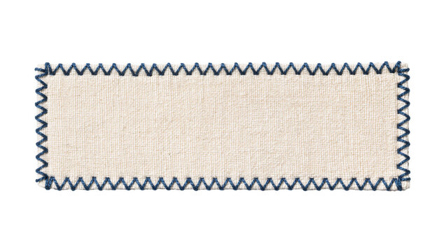 Rectangular beige fabric label with zigzag blue stitching, isolated on transparent background