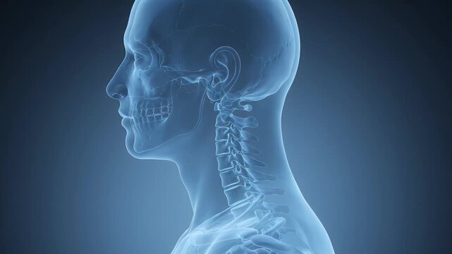 Digital rendering of human spine realigning from text neck, showcasing posture correction and healthy spine anatomy