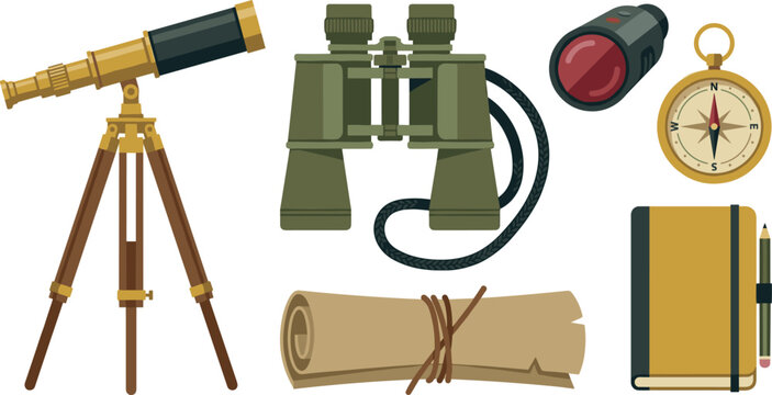 Adventure and Exploration Equipment Vector Icon Set with Binoculars Telescope Map and Compass