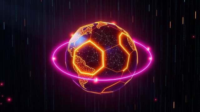 Glowing earth resembling soccer ball. Digital lines surround planet. Dark background creates futuristic aesthetic. Bright colors dominate image.