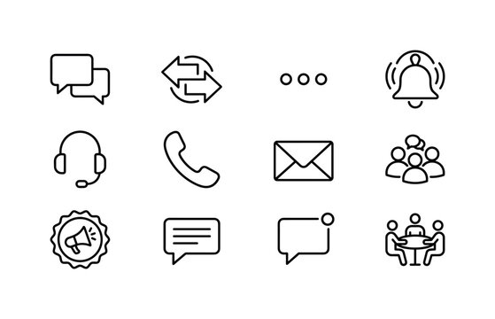 Conversation Dialogue Symbols, line icon set featuring two speech bubbles, chat arrows, message dots, headset, phone receiver, email envelope, discussion badge, notification bell, covering