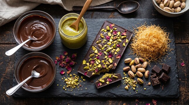 Dubai pistachio chocolate bar preparation with melted chocolate pistachio cream and kadaifi pastry on slate board depicting gourmet dessert