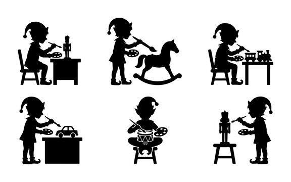 Black elf silhouettes painting toys, nutcracker, rocking horse, train