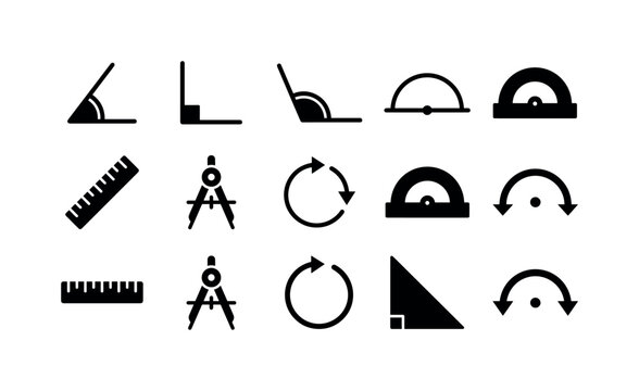 Geometry Angle Measures, solid glyph icon set featuring acute angle, right angle, obtuse angle, semicircle angle, protractor, ruler, compass, rotation arrow, geometry triangle and measurement arc,