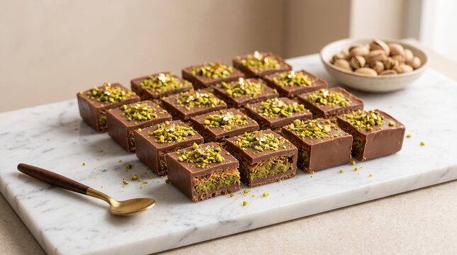 Arrangement of Dubai pistachio kunafa chocolate squares adorned with gold leaf on marble slab conveying high end gourmet pastry art